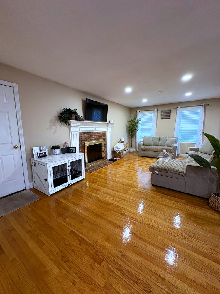 Spotless living room with gleaming hardwood floors